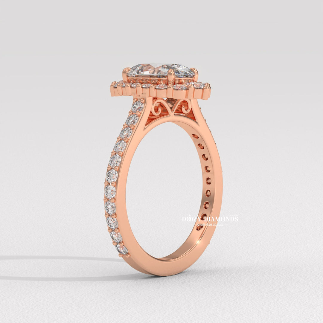 Oval halo lab grown diamond ring fitted on finger