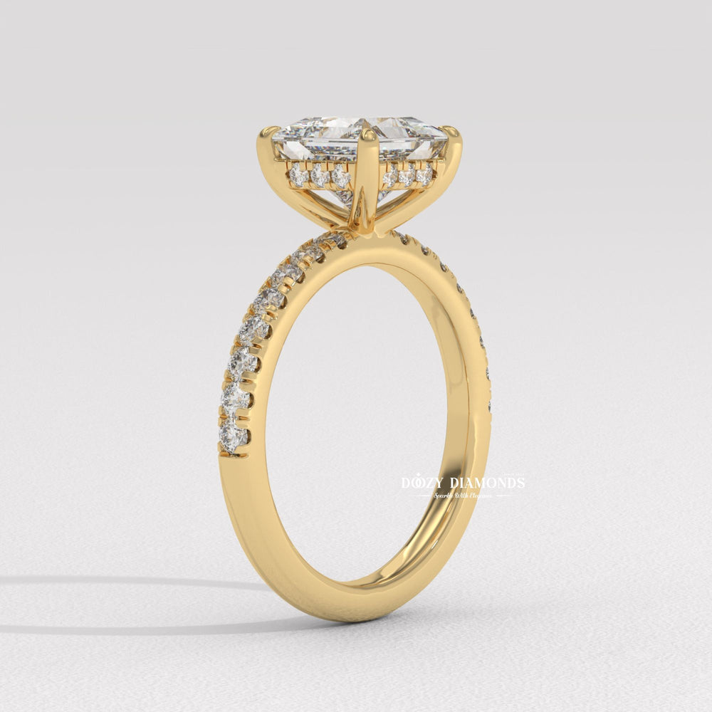 Princess hidden halo lab grown diamond ring fitted on finger