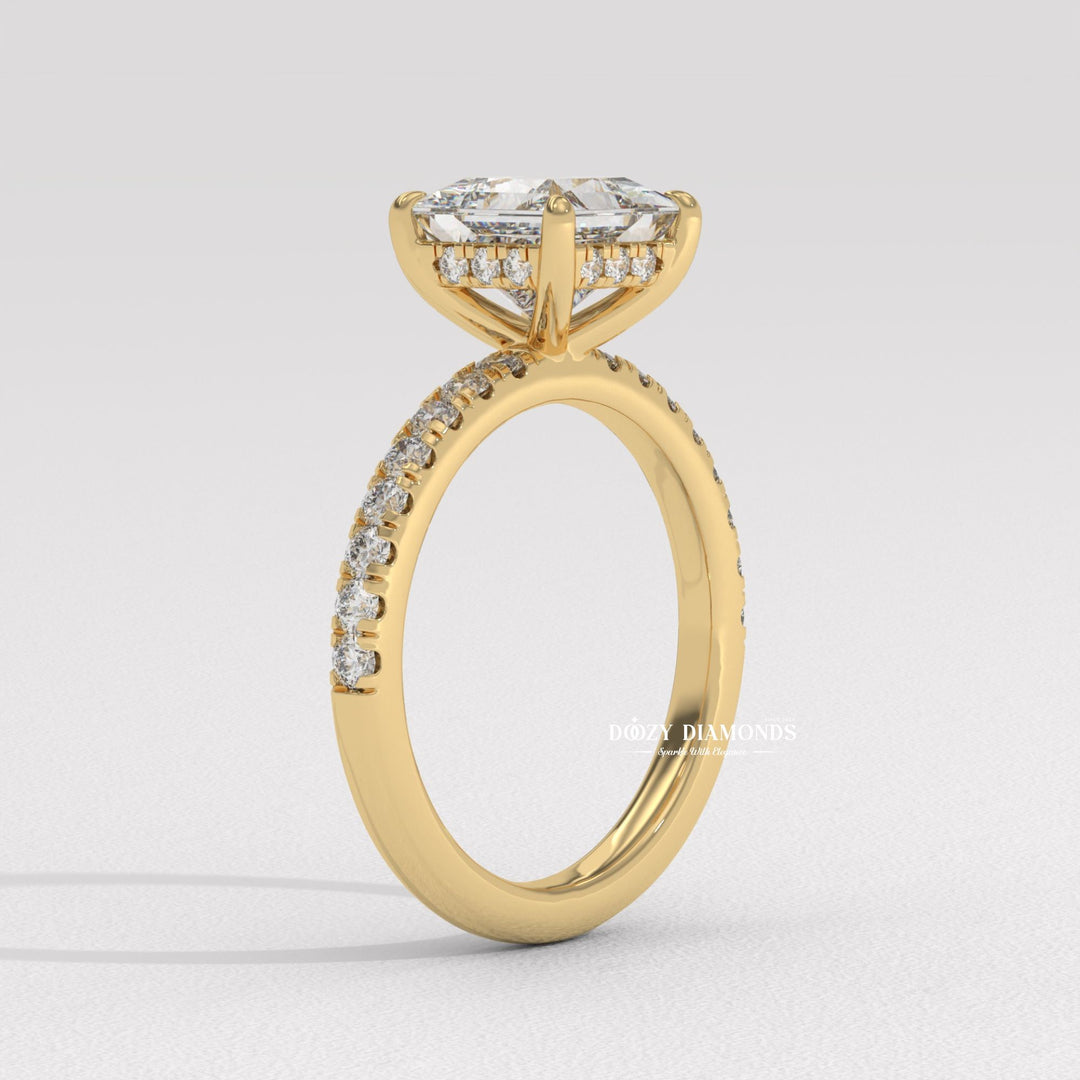 Princess hidden halo lab grown diamond ring fitted on finger