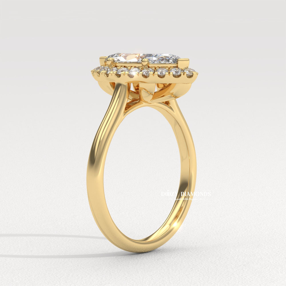 Marquise halo engagement ring close-up showing high clarity diamond clarity