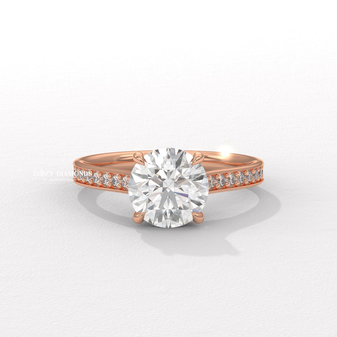 Fine craftsmanship detail on round pave engagement ring