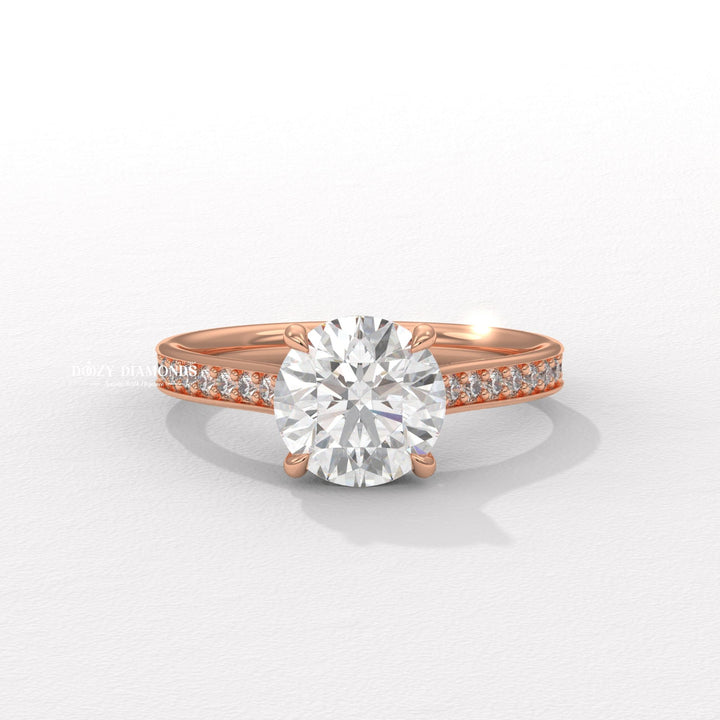 Fine craftsmanship detail on round pave engagement ring