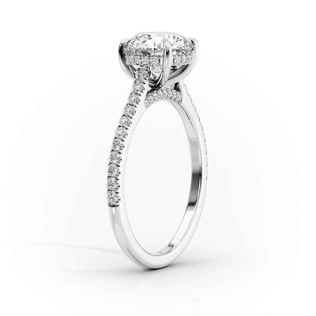 Close-up of radiant cut center diamond in hidden halo engagement ring