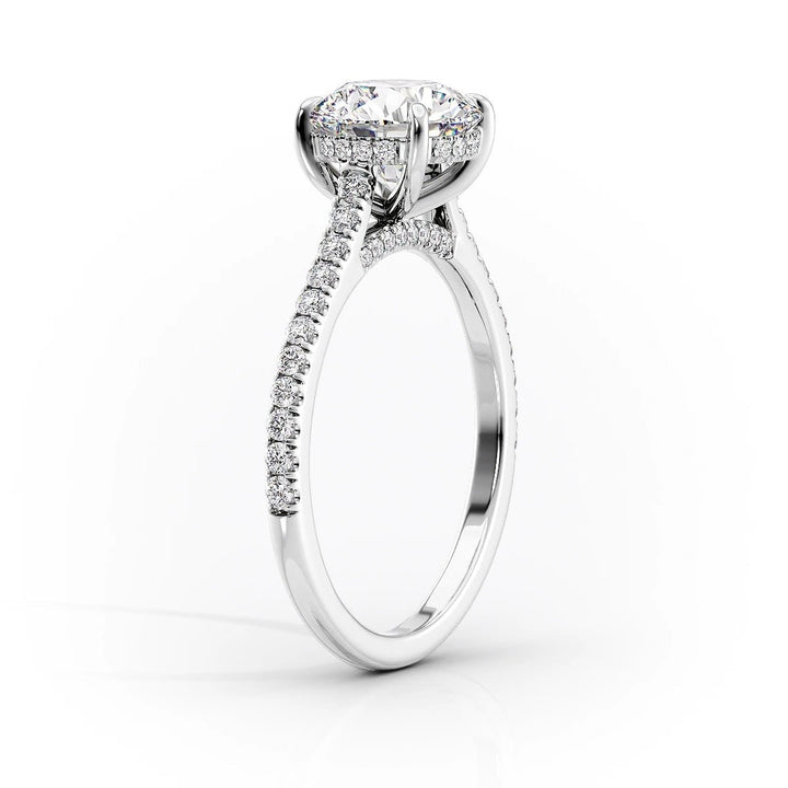 Close-up of radiant cut center diamond in hidden halo engagement ring