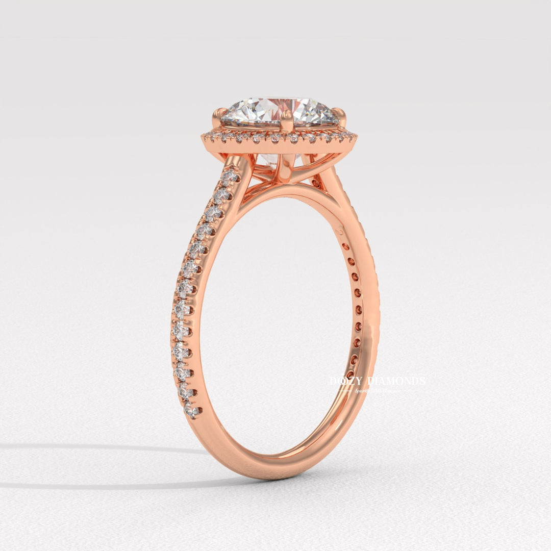 Angled view of round cut diamond in halo setting