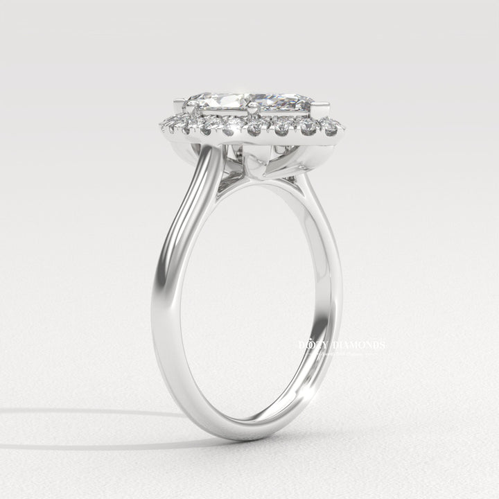 Marquise halo engagement ring viewed from the side