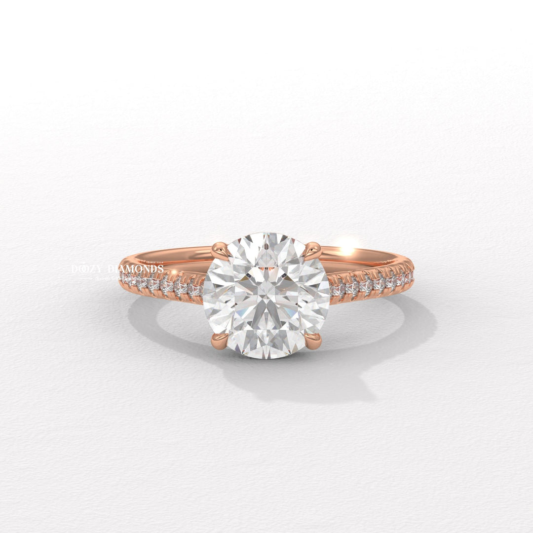 Round pave diamond engagement ring available in multiple metals