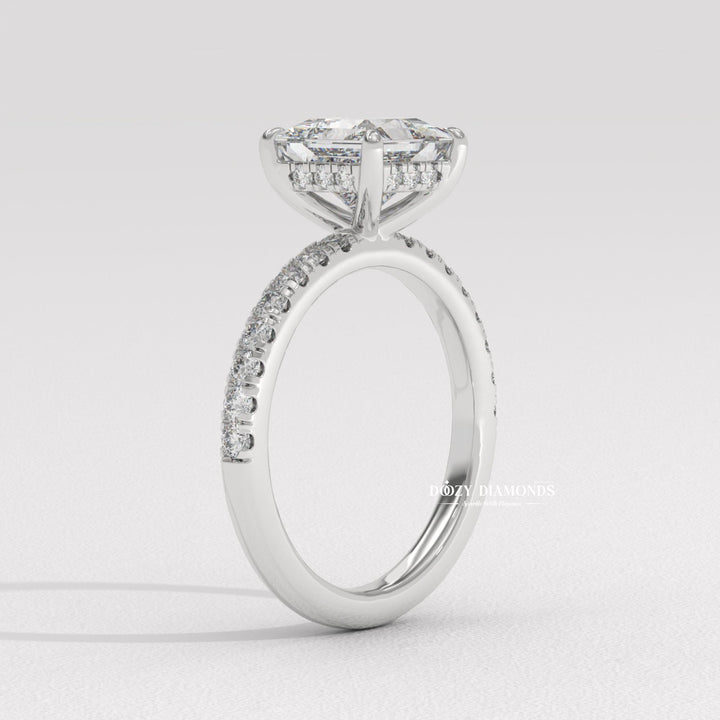 IGI certified princess cut diamond in hidden halo engagement ring setting
