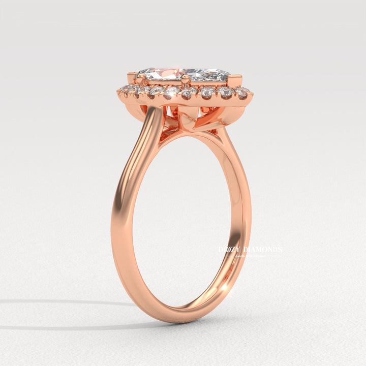 Detailed close-up of marquise halo diamond engagement ring