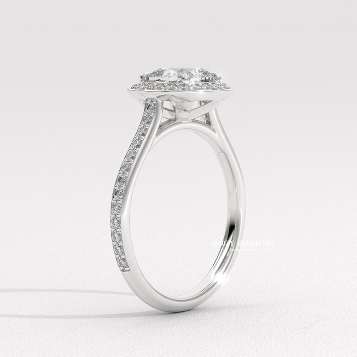 Cushion cut engagement ring side view showing band detail