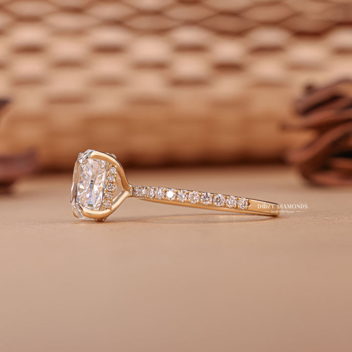 Cushion hidden halo ring set with an IGI graded diamond