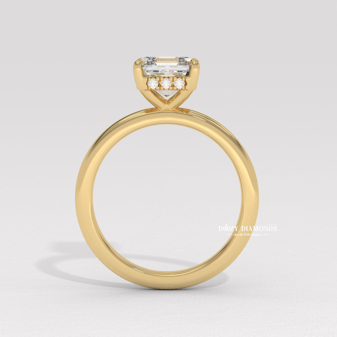 Asscher solitaire engagement ring close-up showing high clarity diamond clarity