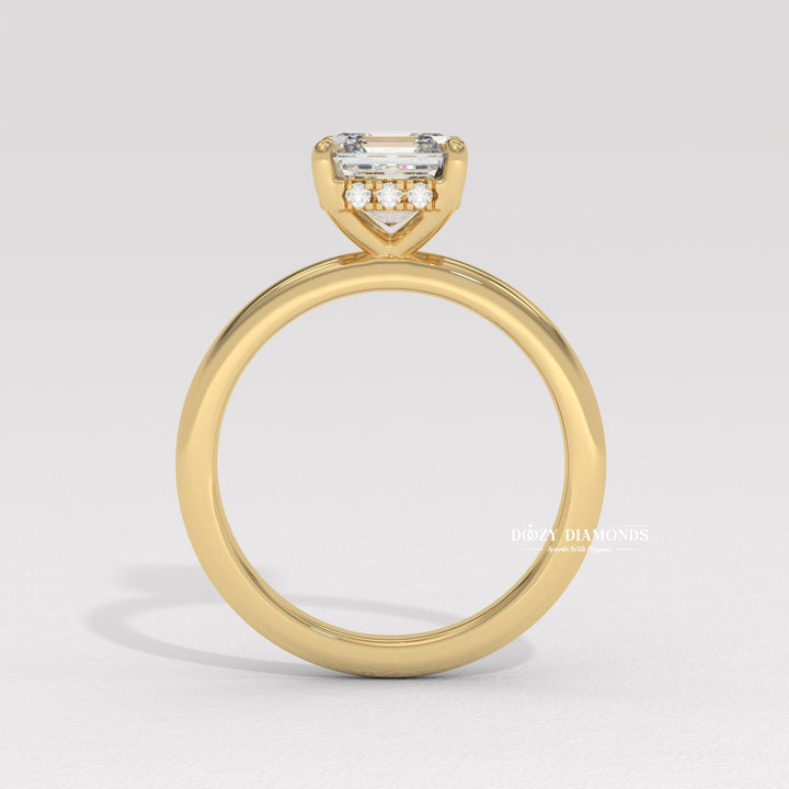 Asscher solitaire engagement ring close-up showing high clarity diamond clarity