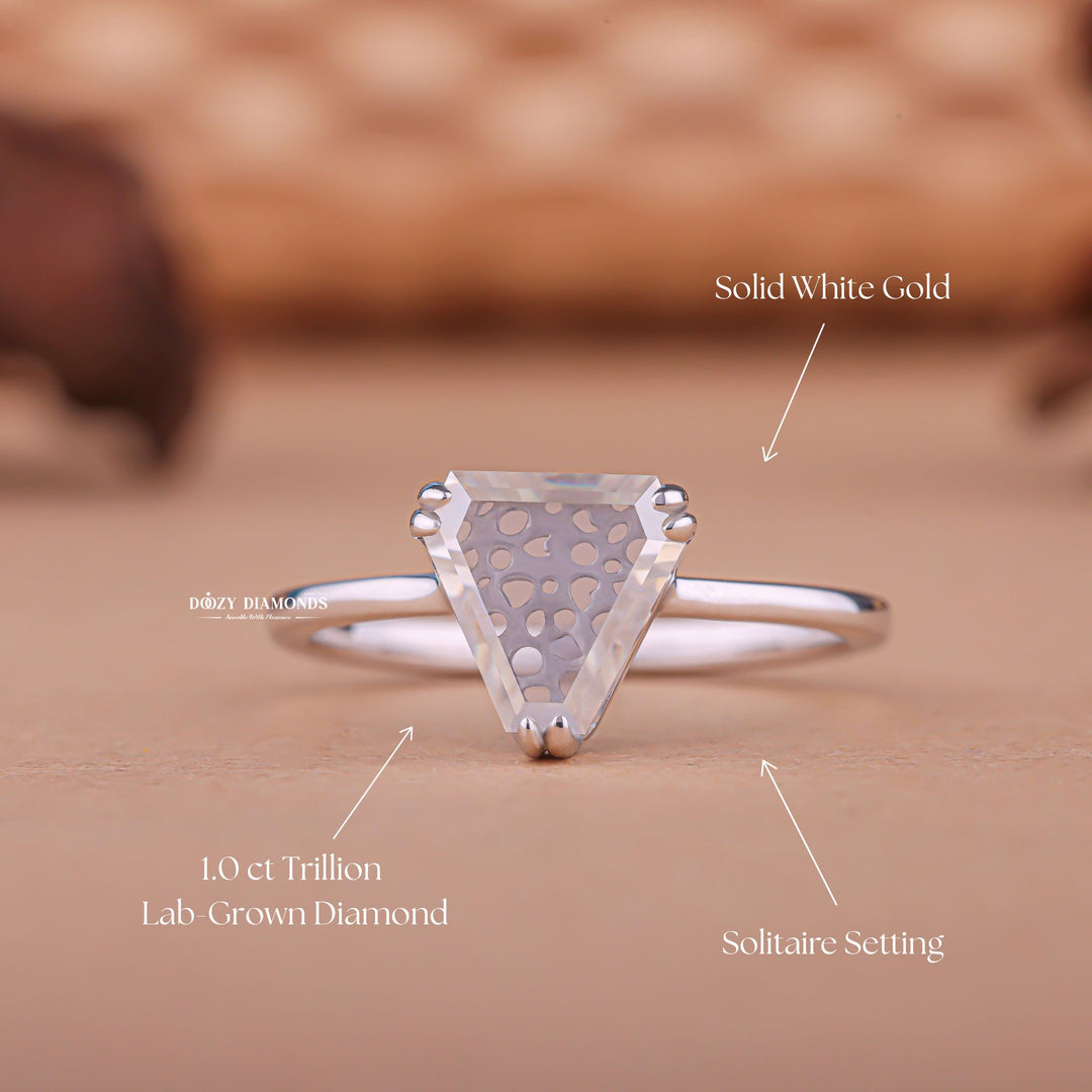 Handcrafted trillion cut solitaire lab grown diamond engagement ring