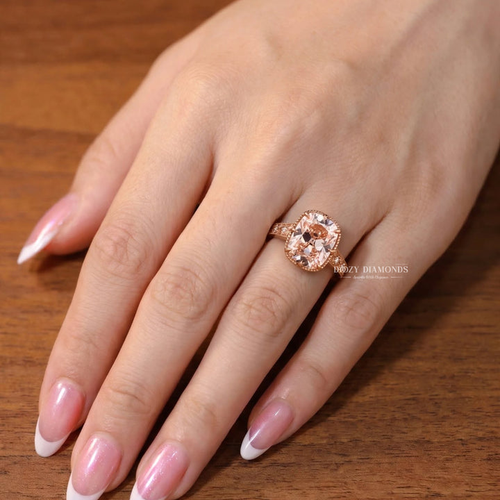 3.0CT Oldmine Elongated Cushion Pink Engraved Style Vintage Engagement Rings
