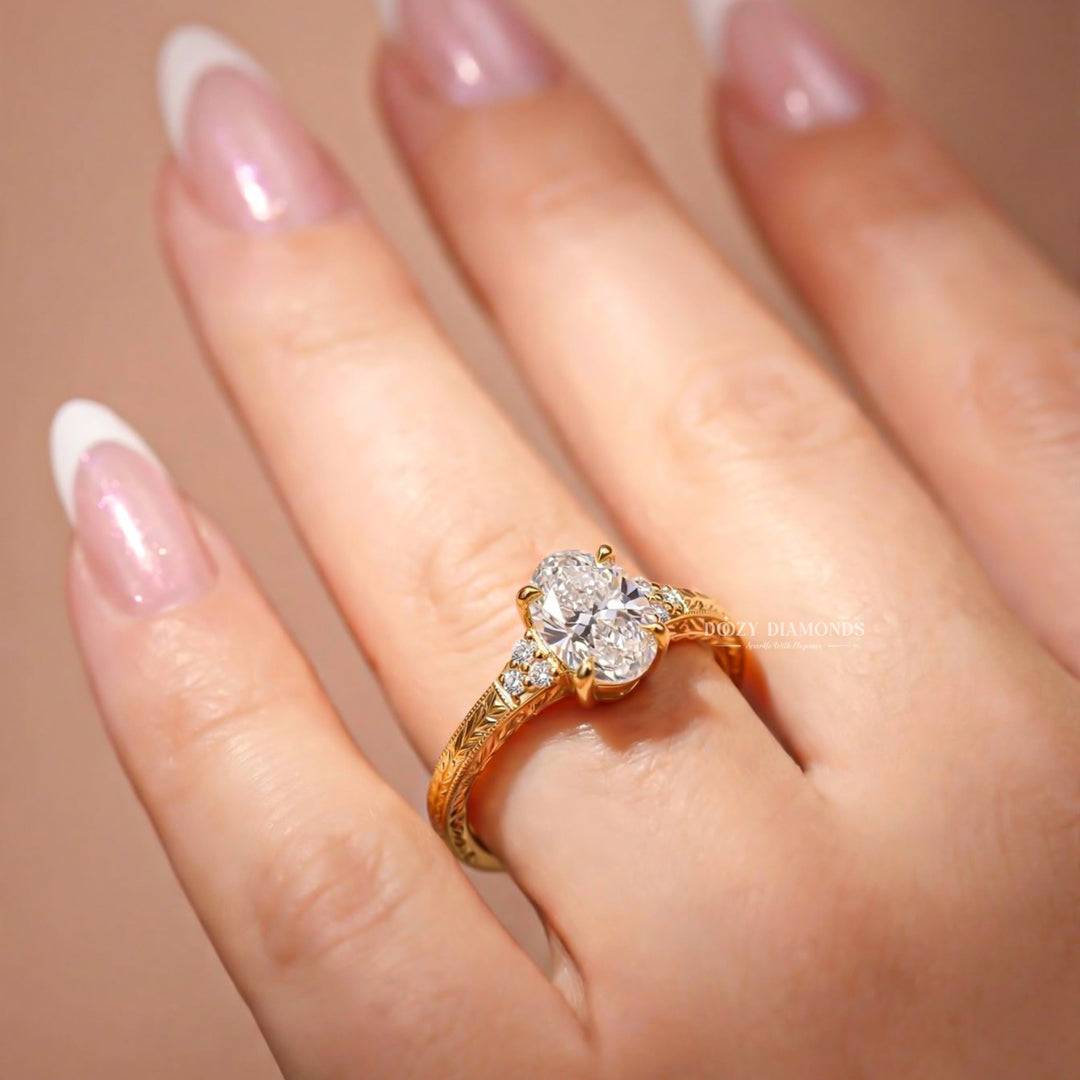 2.50CT Oval F/VS1 Lab Grown Engagement Ring with Cluster Accents, Engraved Gold Band