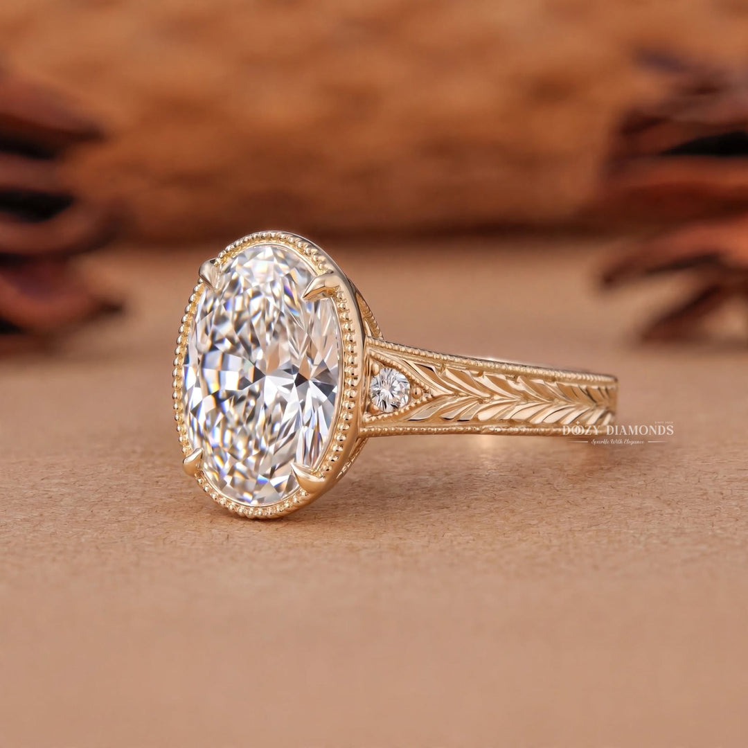 2.50CT Ova Vintage Nature Inspired E/VS1 Gold Engagement Ring with Leaf Detailing