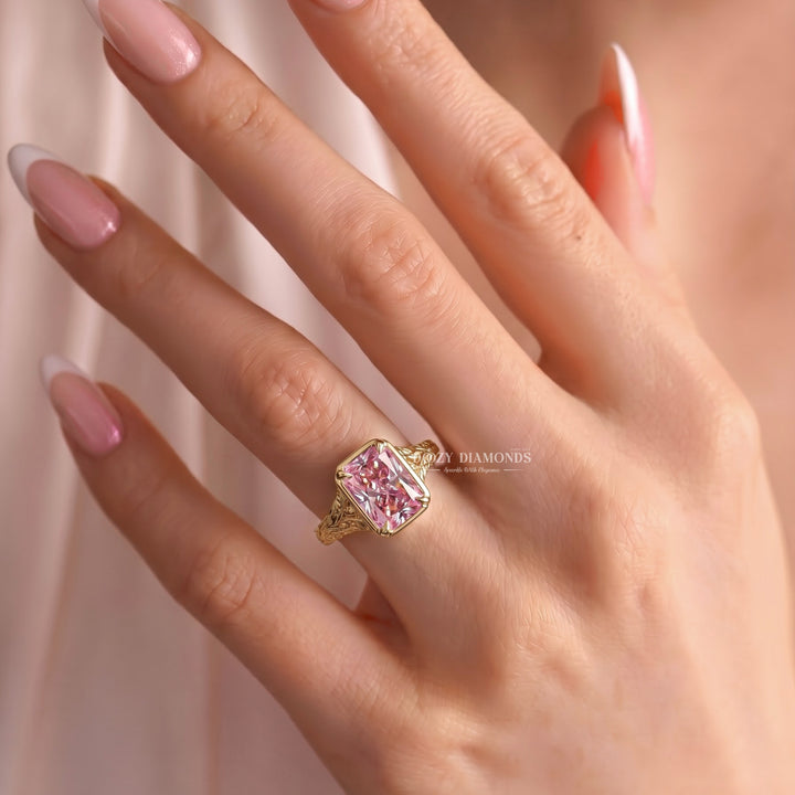 2.50CT Pink Radiant VVS2 Vintage Gold Lab Grown Engagement Ring - Filigree Band