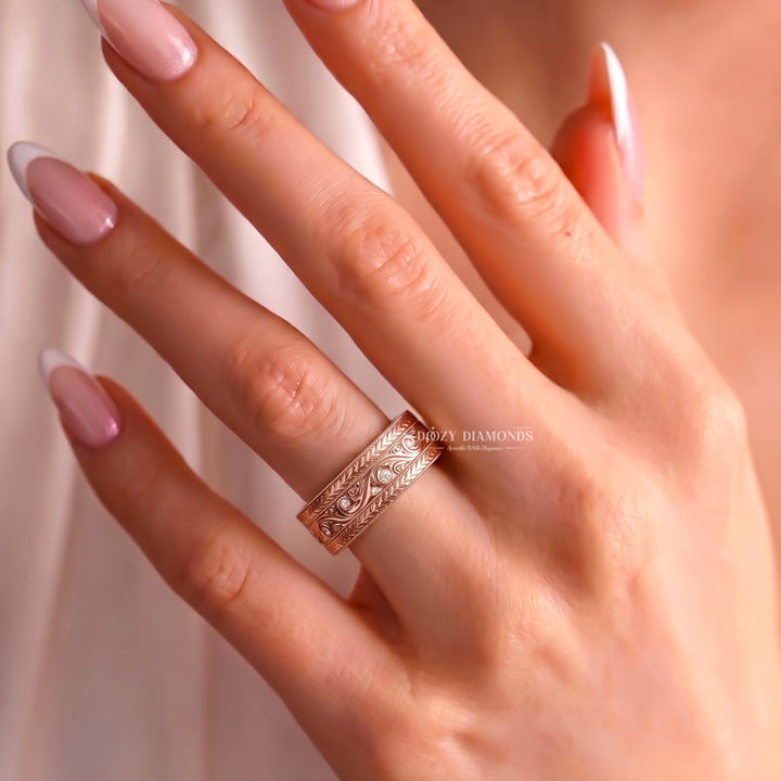 Vintage Scroll Wedding Band with Lab Grown Stones, Rose Gold