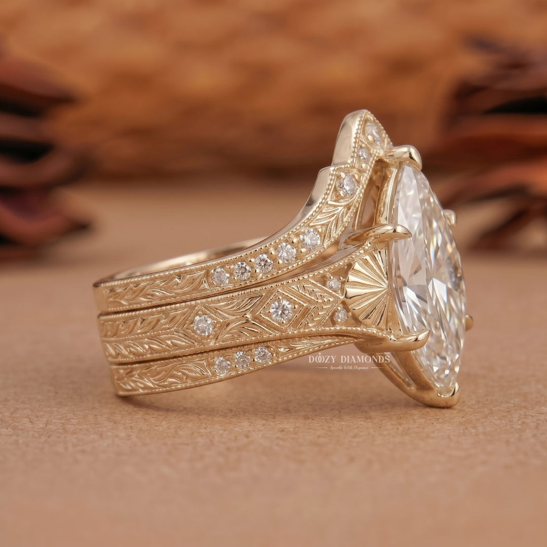 2.50CT Marquise E/VS1 Vintage Style Lab Grown Bridal Ring Set, Fanned Gold Band
