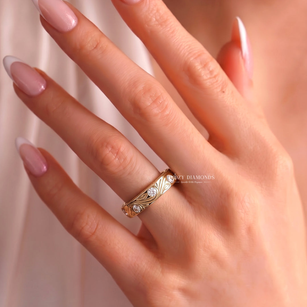 Engraved Vine Wedding Band with Lab Grown Stones, Gold
