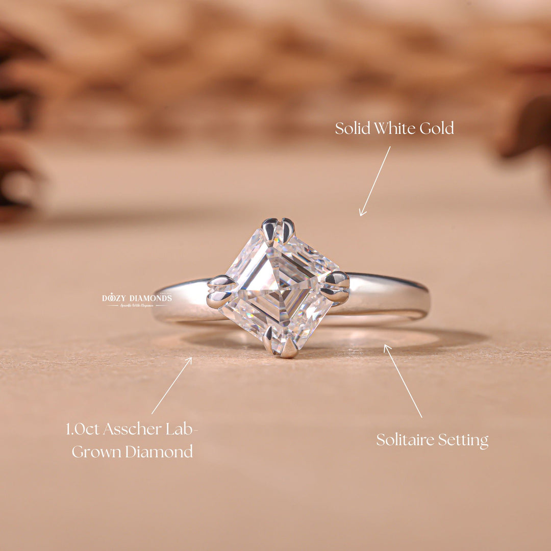 IGI certified asscher cut diamond in solitaire engagement ring setting