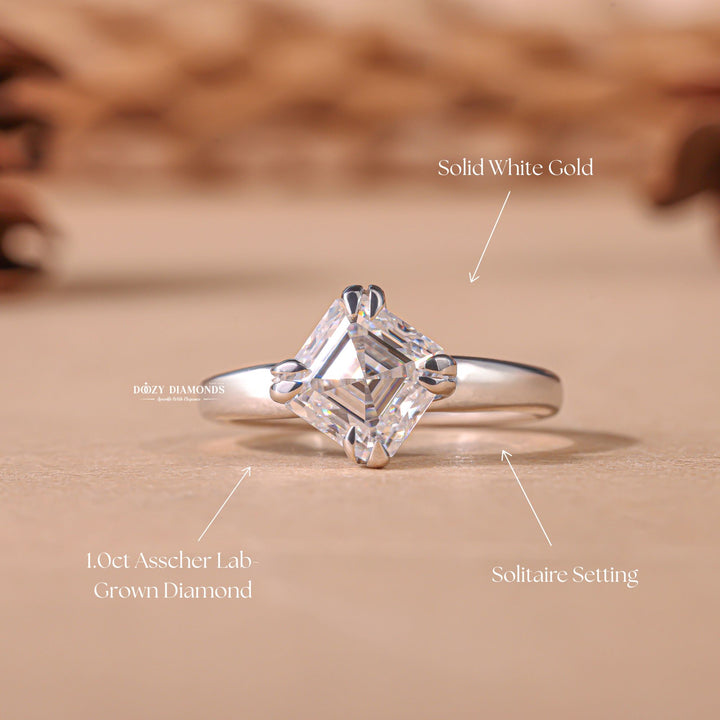 IGI certified asscher cut diamond in solitaire engagement ring setting