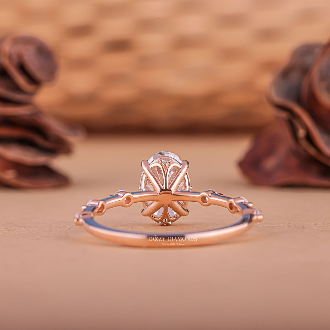Oval pave engagement ring close-up highlighting diamond sparkle