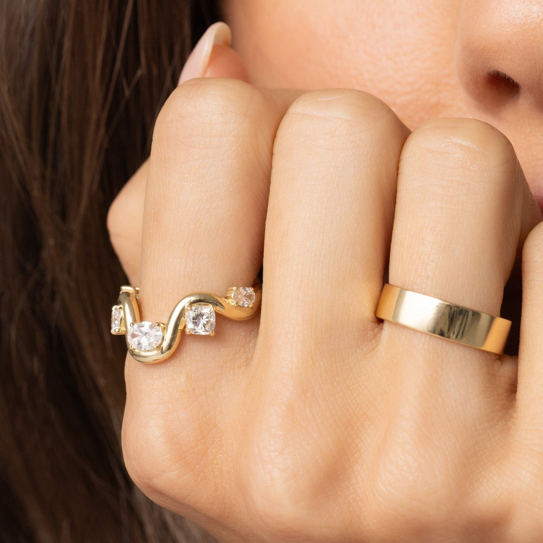 Oval & Cushion diamond band stacked with engagement ring