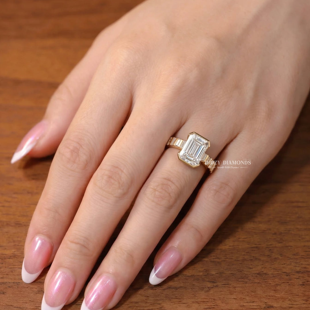 IGI Certified 2.50CT Emerald Cut Bezel Cut Lab Grown Diamond Engagement Ring