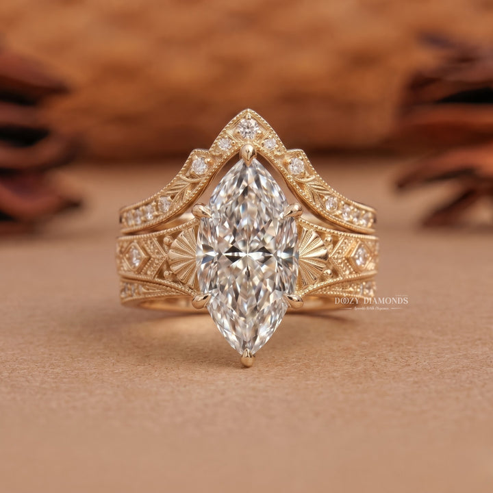2.50CT Marquise E/VS1 Vintage Style Lab Grown Bridal Ring Set, Fanned Gold Band