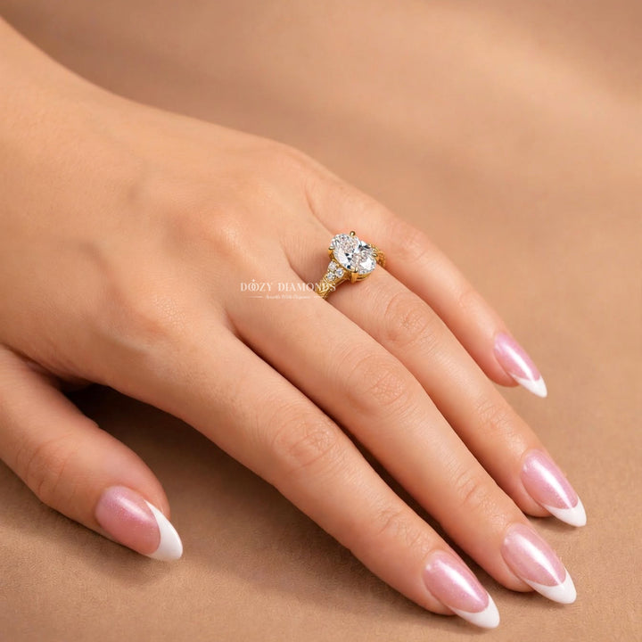 2.50CT Oval F/VS1 Lab Grown Engagement Ring with Cluster Accents, Engraved Gold Band