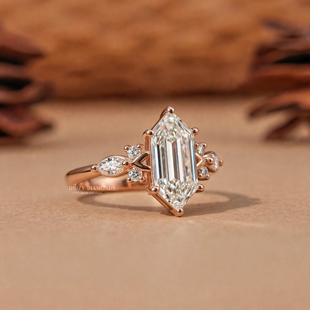 2.50CT Hexagon Shield F/VVS1 Lab Grown Diamond Engagement Ring, Cluster Rose Gold