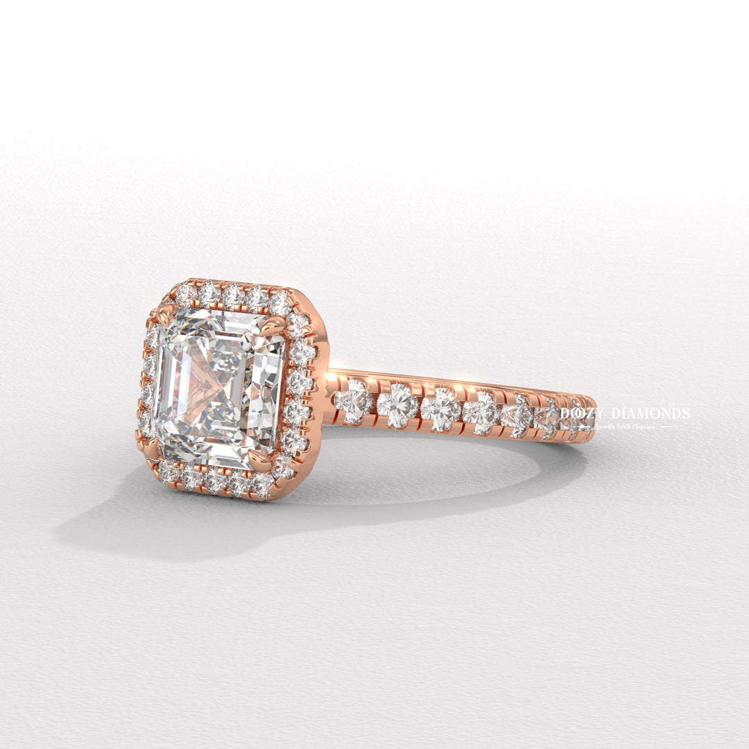 Asscher pave engagement ring offered in gold and platinum