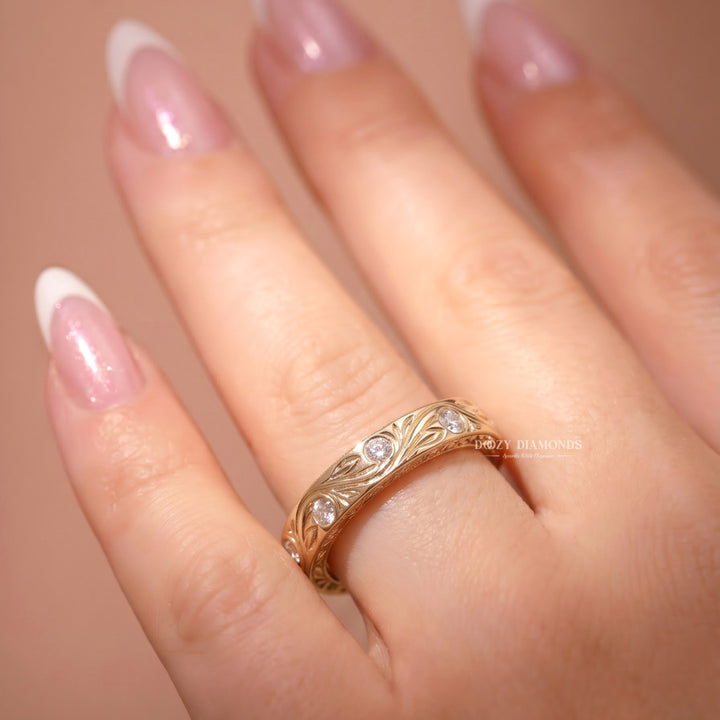 Engraved Vine Wedding Band with Lab Grown Stones, Gold
