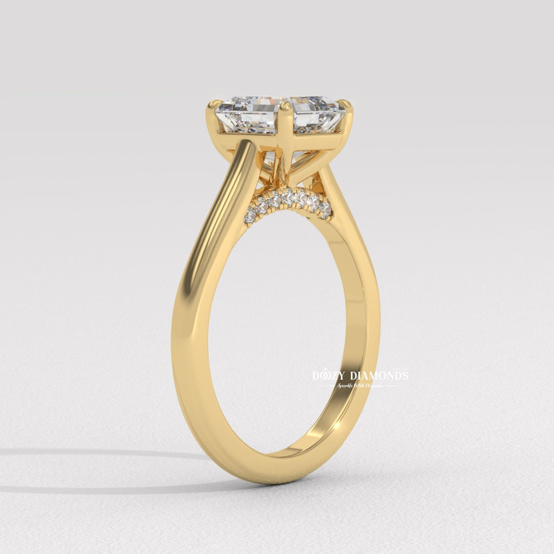 Asscher solitaire lab grown diamond ring fitted on finger