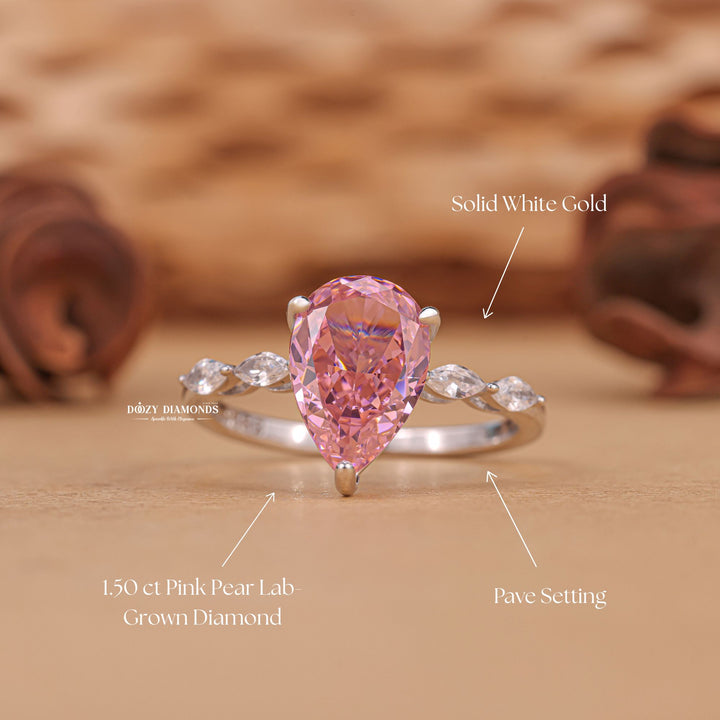 Pear pave lab grown diamond ring side profile in gold setting
