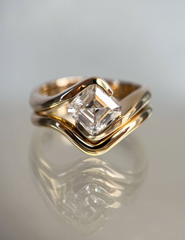 1.50CT Asscher Cut Lab Grown Diamond Bypass Ring Yellow Gold Bridal Ring Stack