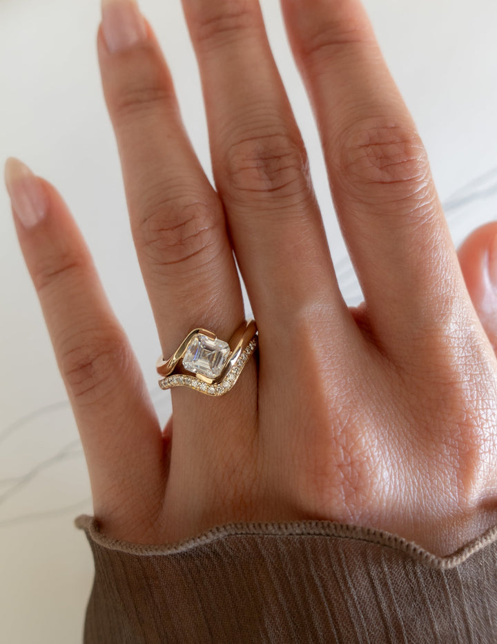 1.50CT Asscher Cut Half Bezel Lab Grown Diamond Ring Yellow Gold Bridal Ring Stack