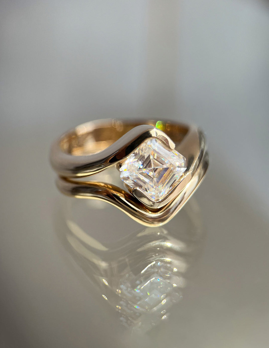 1.50CT Asscher Cut Lab Grown Diamond Bypass Ring Yellow Gold Bridal Ring Stack