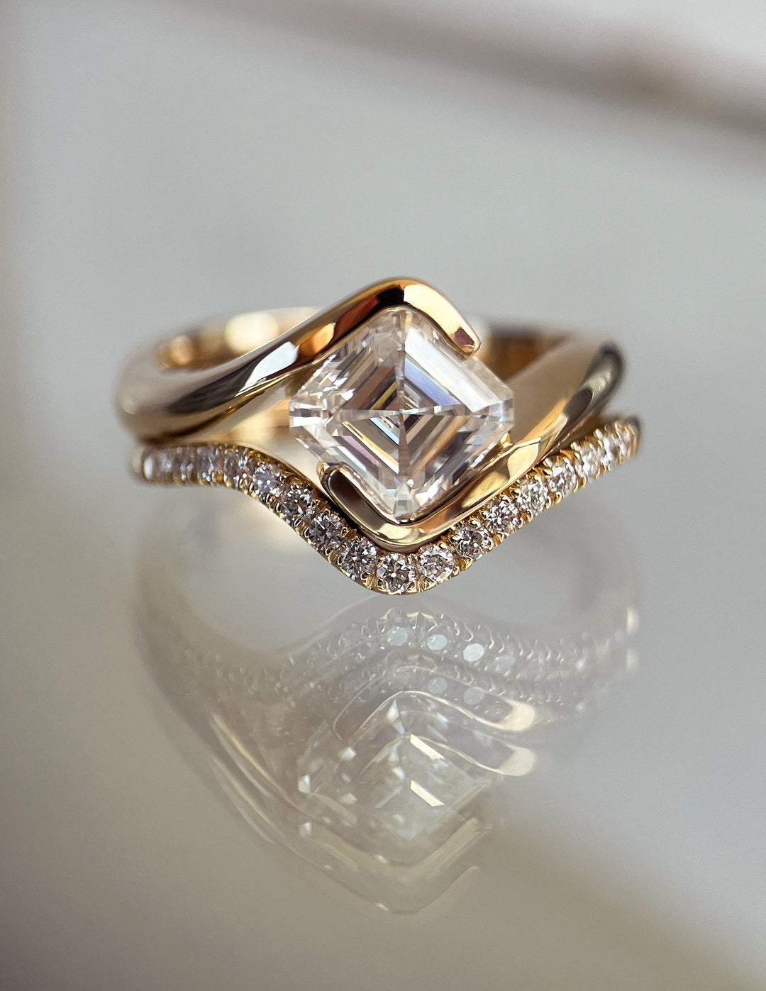1.50CT Asscher Cut Half Bezel Lab Grown Diamond Ring Yellow Gold Bridal Ring Stack