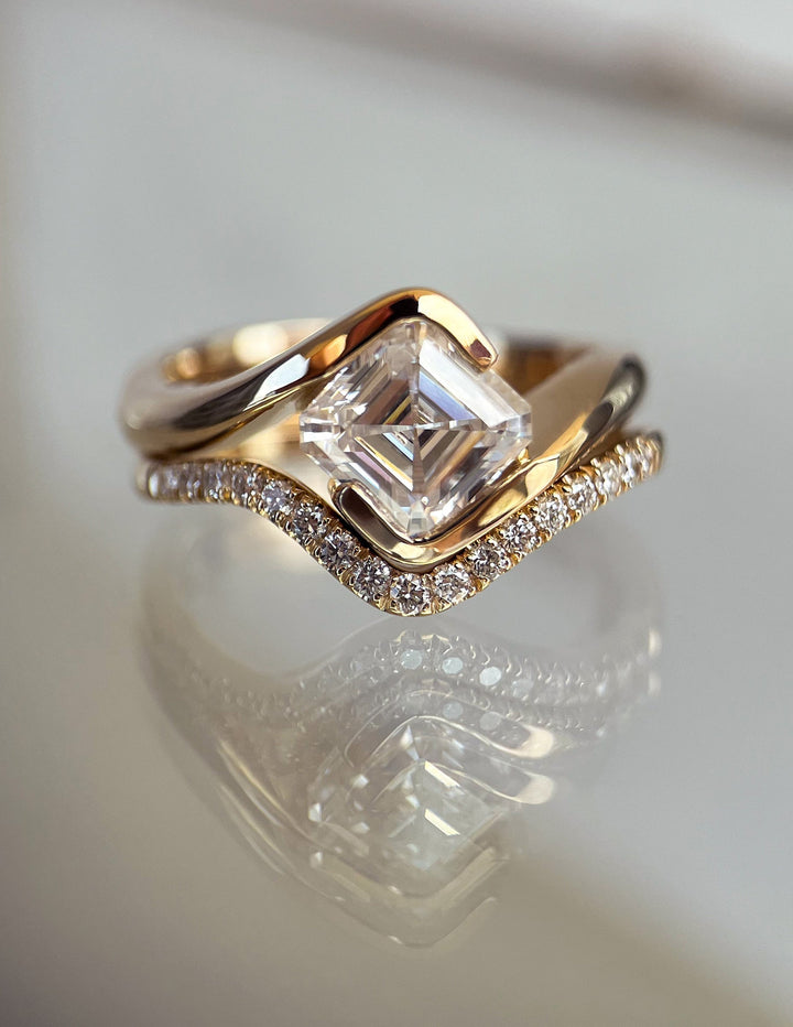 1.50CT Asscher Cut Half Bezel Lab Grown Diamond Ring Yellow Gold Bridal Ring Stack