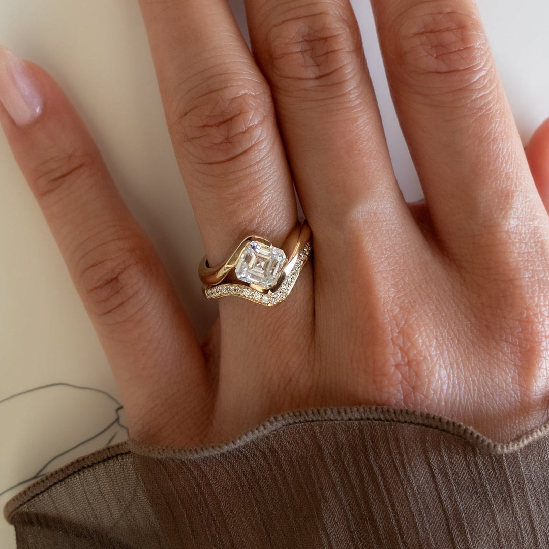 1.50CT Asscher Cut Half Bezel Lab Grown Diamond Ring Yellow Gold Bridal Ring Stack