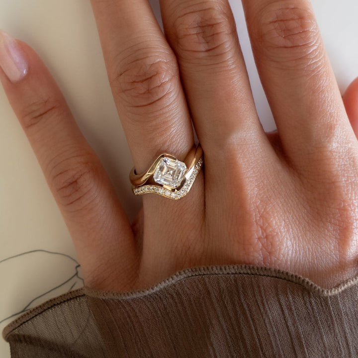 1.50CT Asscher Cut Half Bezel Lab Grown Diamond Ring Yellow Gold Bridal Ring Stack