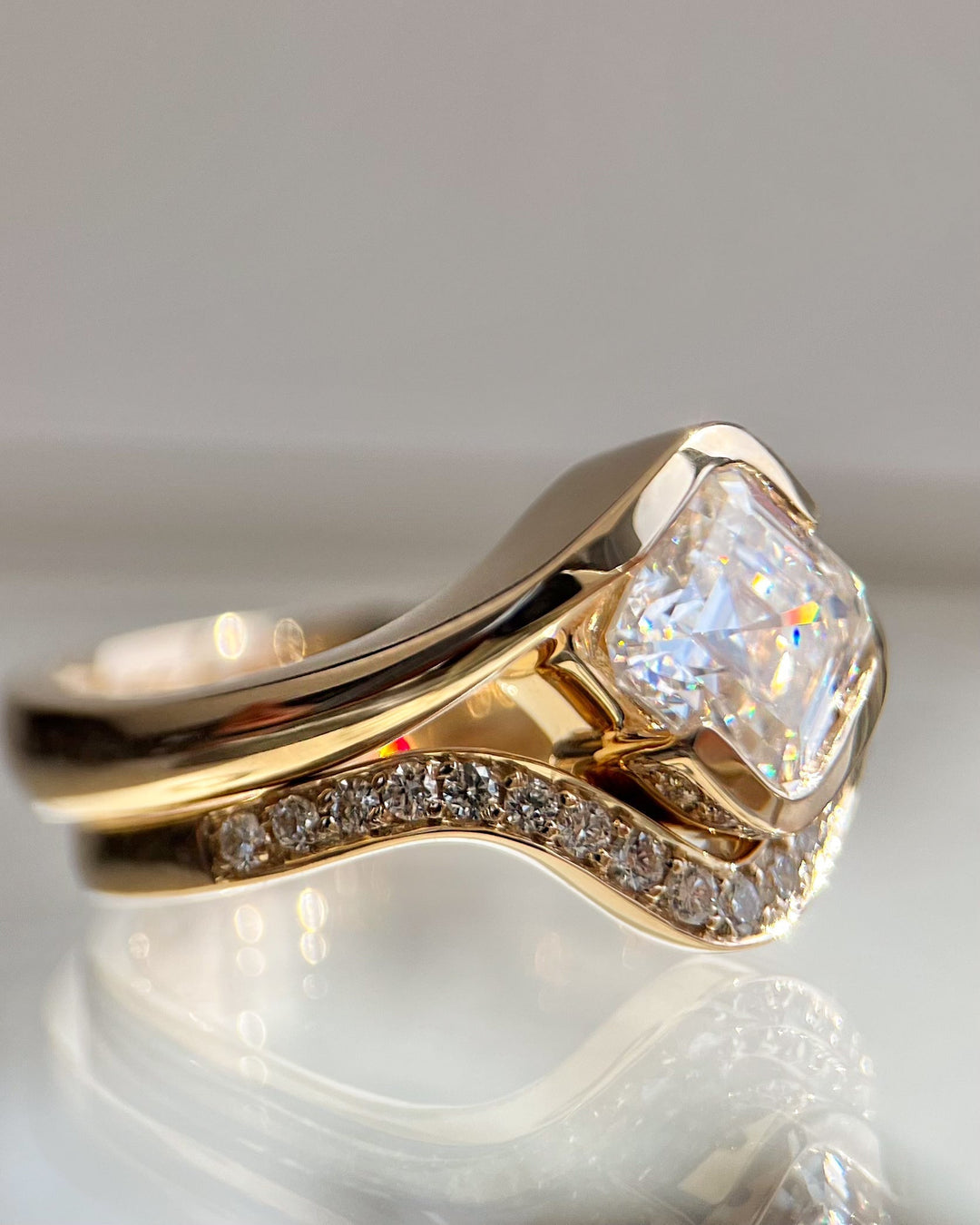 1.50CT Asscher Cut Half Bezel Lab Grown Diamond Ring Yellow Gold Bridal Ring Stack