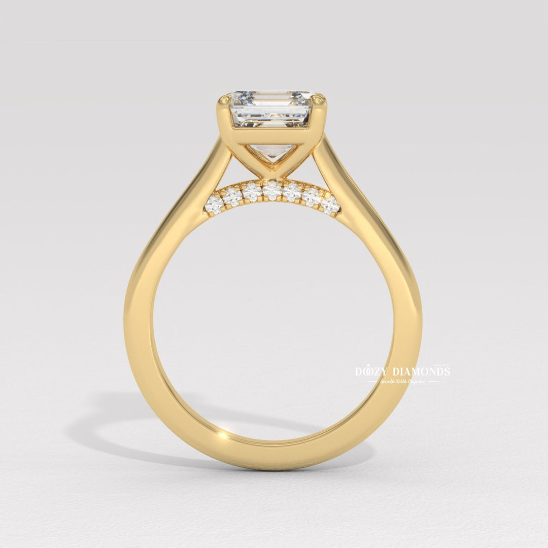 Asscher cut solitaire engagement ring shown in real-life wear