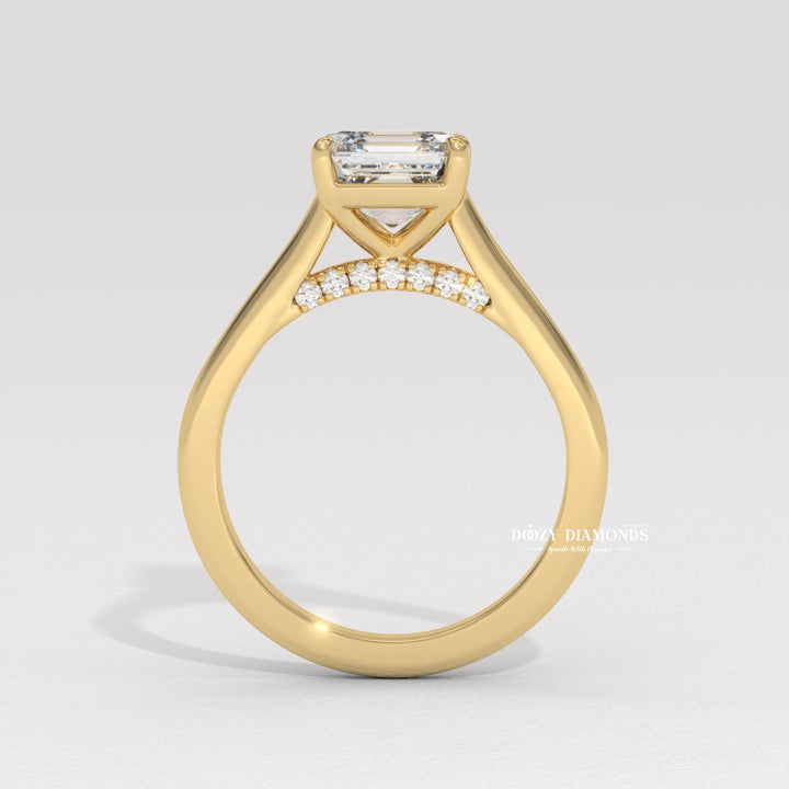 Asscher cut solitaire engagement ring shown in real-life wear