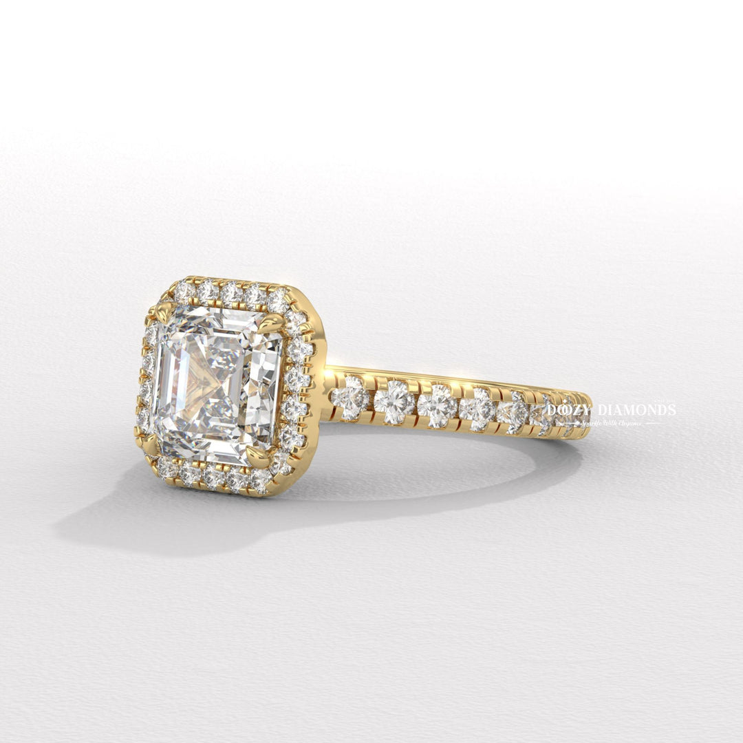 Asscher pave ring set with an IGI graded diamond
