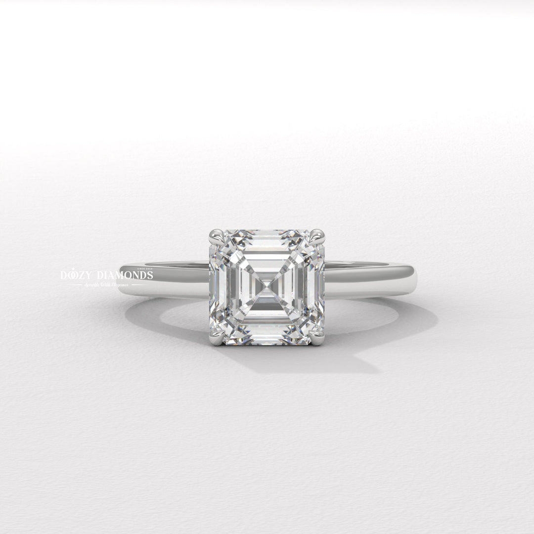Asscher solitaire ring set with an IGI graded diamond