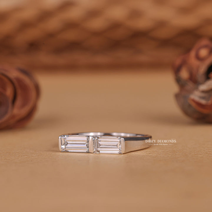 Baguette diamond band stacked with engagement ring